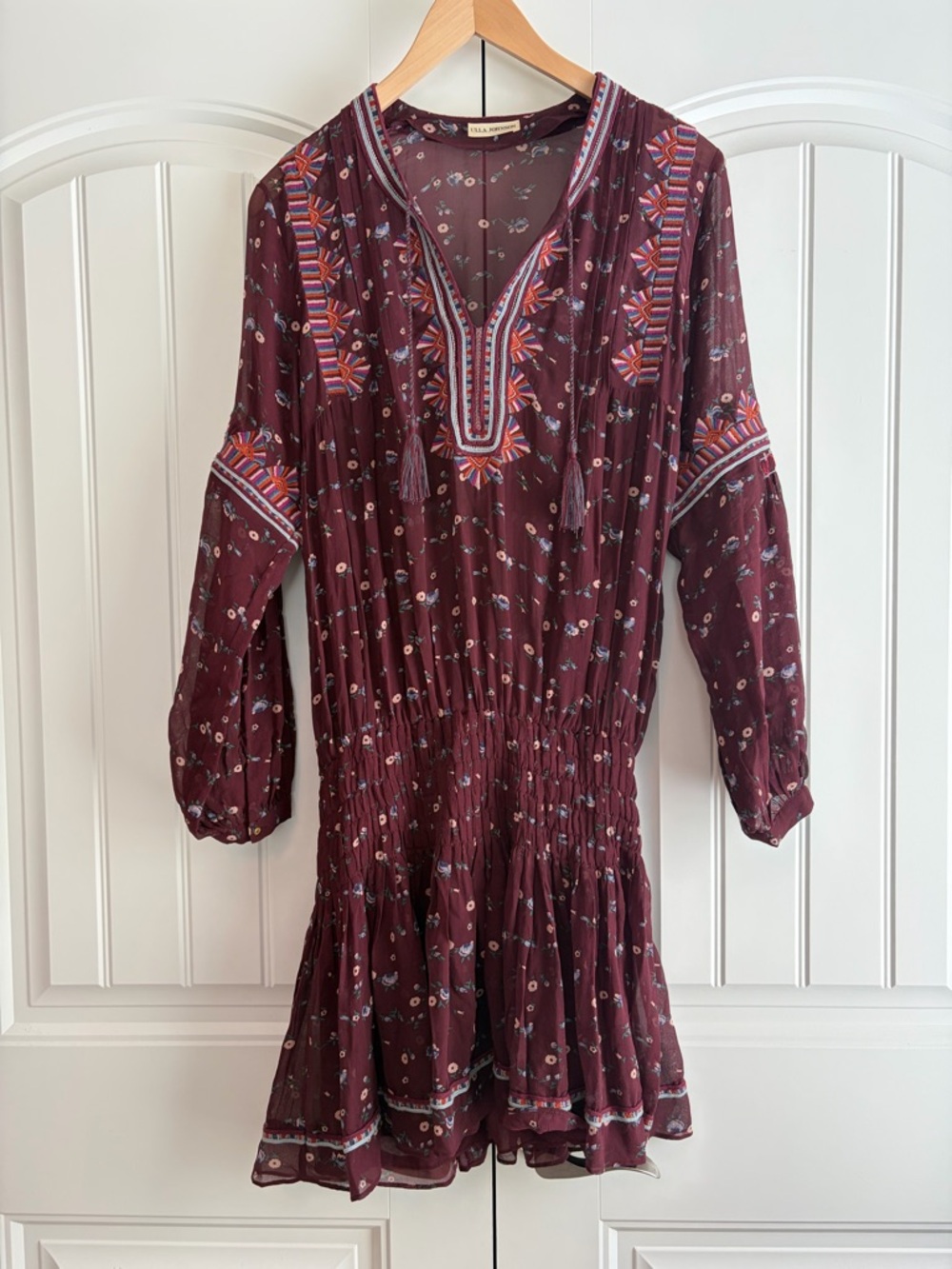 ULLA JOHNSON Gita Silk Embroidered Floral Drop Waist Boho Dress Bordeaux Size 6 - Picture 4 of 16